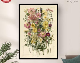 Vintage Botanical Print, Pressed Wildflower Wall Art, Antique Floral Illustration, Cottagecore Nature Decor, Herbarium Poster
