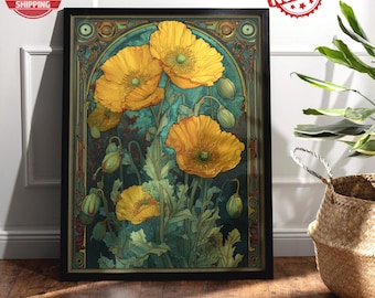 Art Nouveau Botanical Wall Art, Vintage Floral Poster, Botanical Illustration Print, Elegant Flower Wall Decor, Nature Art