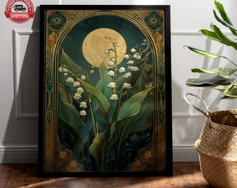 Art Nouveau Lily of the Valley Print: Emerald Moon, Botanical Wall Art