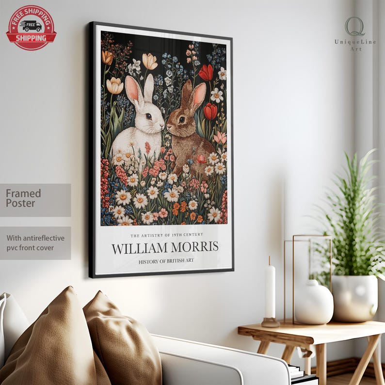 May include: Framed poster featuring a vintage illustration of two rabbits in a field of flowers. The text "THE ARTISTRY OF 19TH CENTURY WILLIAM MORRIS HISTORY OF BRITISH ART" is printed below the image.