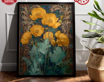 Art Nouveau Botanical Wall Art, Vintage Floral Poster, Golden Flower Illustration, Nature Inspired Print, Elegant Home Decor