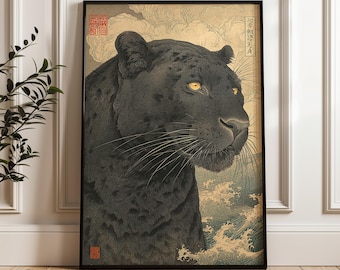 Vintage Black Panther Poster: Japanese Woodblock Print, Japandi Wall Art