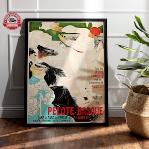 May include: Framed vintage poster advertising a Pelote Basque game. The artwork features a man in white attire playing the sport, with spectators in the background. Text includes "Pelote Basque" and "Parties de" in red, and other French text.