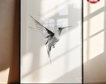 Cuadro decorativo de colibrí / Lámina vintage de pájaros para habitación infantil / Ilustración antigua de pájaros / Decoración de pared minimalista y neutra para imprimir