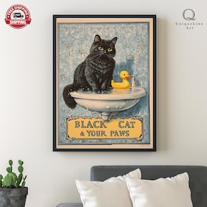 黒猫手を洗ってポスター、バスルームの装飾印刷、動物の絵ビンテージウォールアート、トイレ洗面所ホームデコ、黒猫洗面台洗浄