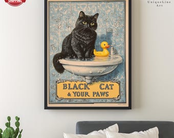 Póster de gato negro lavándose las patas: Arte decorativo vintage para el baño