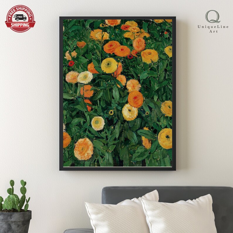 K&ouml;nnte beinhalten: Ein Gem&auml;lde, das ein Feld mit gelben und orangefarbenen Blumen mit gr&uuml;nen Bl&auml;ttern zeigt. Die Blumen befinden sich in verschiedenen Bl&uuml;hstadien, einige sind vollst&auml;ndig ge&ouml;ffnet, andere noch in Knospen.