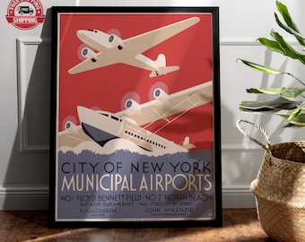 May include: A framed vintage poster with two aircraft against a red backdrop. The lower plane is shown on water. The poster reads "City of New York Municipal Airports" with airport locations listed. The poster is in a black frame.