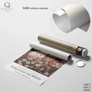 May include: A canvas print of a painting by William Morris, titled "The Artistry of 19th Century". The print features a detailed floral design with a woman and a rabbit in the centre. The print is rolled up and ready to be hung on a wall.