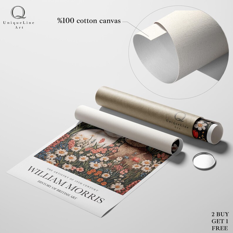 May include: A canvas print of a painting by William Morris, titled "The Artistry of 19th Century". The print features a detailed floral design with a woman and a rabbit in the centre. The print is rolled up and ready to be hung on a wall.