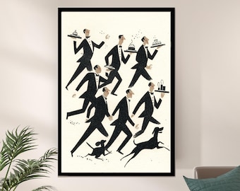 Retro Bar Print: Waiters and Dogs, Vintage Party Scene Poster