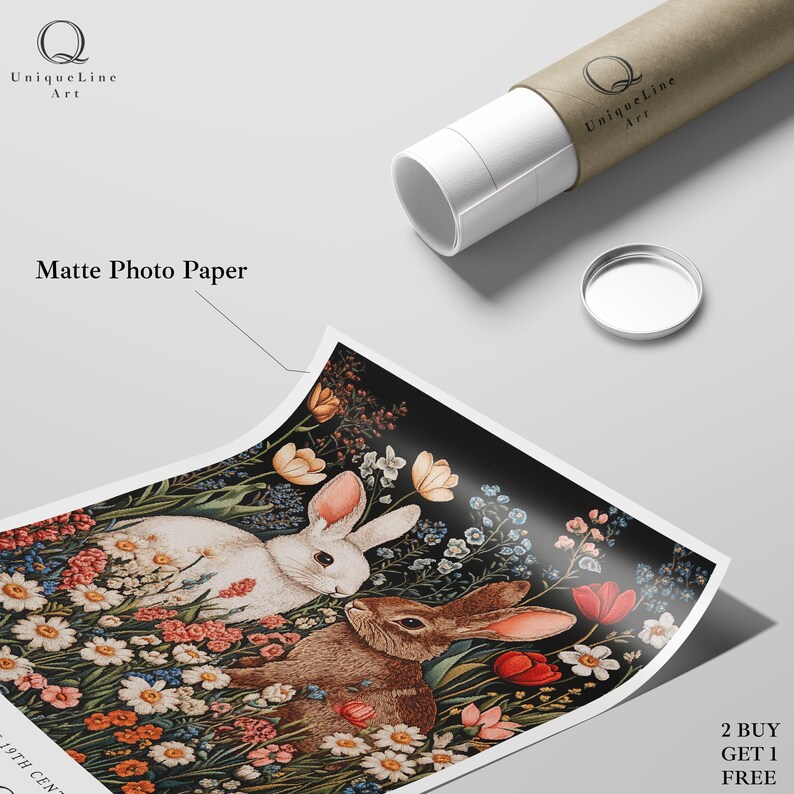 May include: A digital art print featuring two rabbits in a field of colourful flowers. The rabbits are facing each other, one is white and the other is brown. The background is black and the flowers are in shades of pink, red, blue, and yellow.