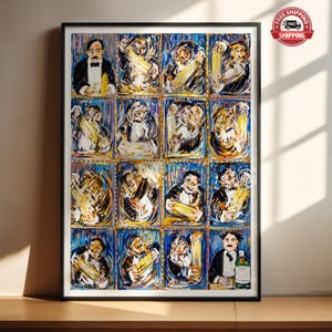 May include: A framed artwork featuring a grid of 16 abstract paintings. Each painting depicts a man in a tuxedo, some holding a bottle. The color palette includes blues, yellows, and blacks, with visible brushstrokes. The artwork is in a black frame.