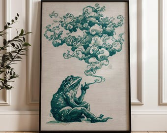 Frog Smoking a Cigarette Vintage Poster Art Retro Whimsical Print Funny Animal Wall Decor Poster for Bar Cart Quirky Kitchen Wall Art