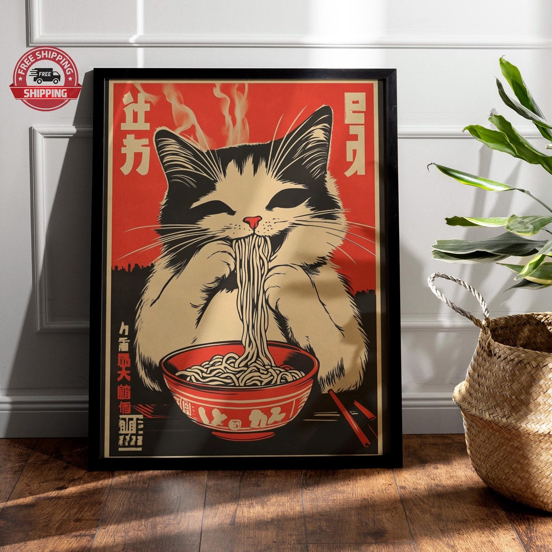 Vintage Cat Eating Ramen Poster: Funny Japanese Kitchen Art Print - Etsy