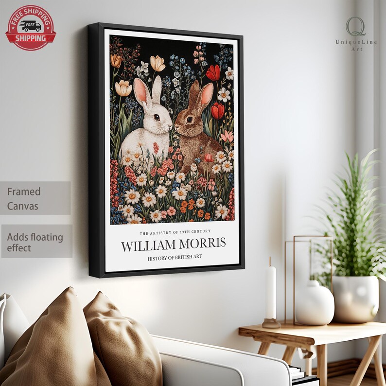 May include: Framed canvas print featuring a vintage illustration of two rabbits in a field of flowers. The text "THE ARTISTRY OF 19TH CENTURY WILLIAM MORRIS HISTORY OF BRITISH ART" is printed below the image.