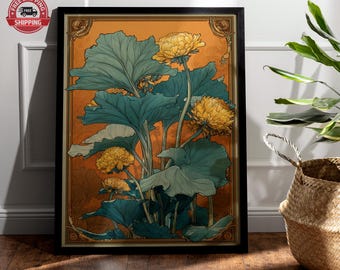 Jugendstil botanische Wandkunst, Vintage Blumen Illustration, goldene Blumen Illustration, Natur inspiriert Druck, elegantes Wohndekor