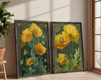 Set of 2 Art Nouveau Botanical Wall Art, Vintage Floral Poster, Golden Flower Illustration, Nature Inspired Print, Elegant Home Decor
