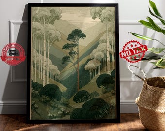 Vintage Forest and Mountain Landscape Art Print, Tall Trees Over Rolling Hills Poster, Japandi Nature Wall Art, Green Hills Decor