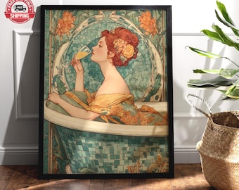 Art Deco Bathroom Print Of Woman In Bathtub With Champagne, Art Fashionista GiftGlamorous 1920 Coquette Aesthetic, Alcohol Chic Giclée Wall