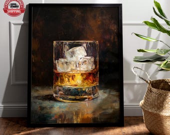 May include: A framed painting of a whiskey glass filled with ice cubes and amber liquid. The artwork has a dark, moody background with brushstrokes of brown, gold, and green. The glass is the focal point, reflecting light and shadow.
