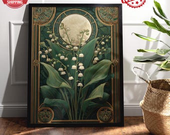Art Nouveau Lily of the Valley Print: Emerald Moon, Botanical Wall Art