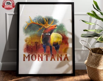 Montana Elk Poster: Vintage Style Wildlife Art Print