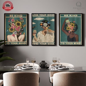 Conjunto de 3 pôsteres vintage "Seja gentil com sua mente", impressão "Perca sua mente", pôster vintage "Seja gentil com sua mente", pôster vintage de música e saúde mental