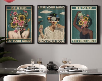 Vintage Mental Health Poster Set: Be Kind To Your Mind Art Prints