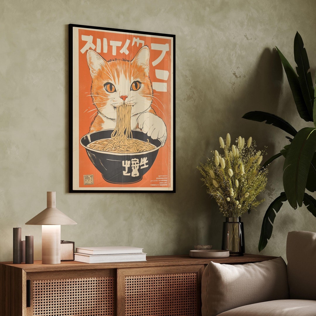 Vintage Cat Eating Ramen Poster: Japanese Kitchen Art Print - Etsy