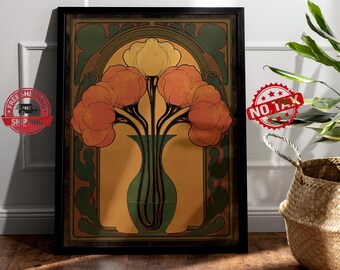 Vintage Art Nouveau Floral Vase Art Print Mid Century Mustard Orange Green Vintage Decor Wall Art, Vintage Art Nouveau Flower Print