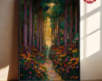 Gustav Klimt Forest Path Canvas, Colorful Floral Trees Wall Art, Golden Autumn Landscape Canvas, Nature Inspired Home Decoration