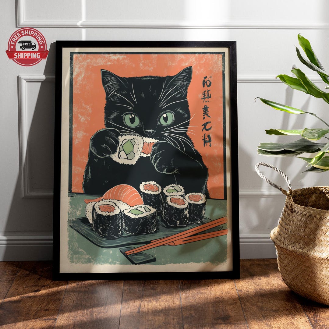Sushi Black Cat Poster Tokyo Art Print, Oishii Cat Print, Delicious ...