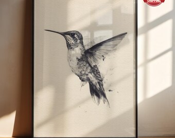 Cuadro decorativo de colibrí / Lámina vintage de pájaros para habitación infantil / Ilustración antigua de pájaros / Decoración de pared minimalista y neutra para imprimir