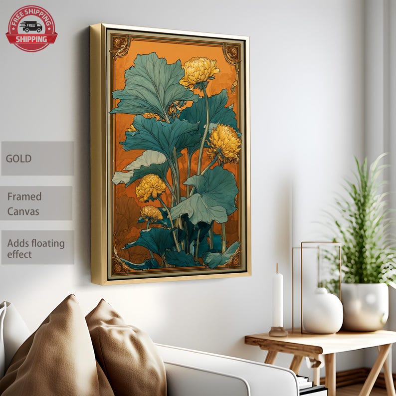 Art Nouveau Botanical Wall Art, Vintage Floral Poster, Golden Flower ...