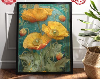 Art Nouveau Botanical Wall Art, Vintage Floral Poster, Golden Flower Illustration, Nature Inspired Print, Elegant Home Decor