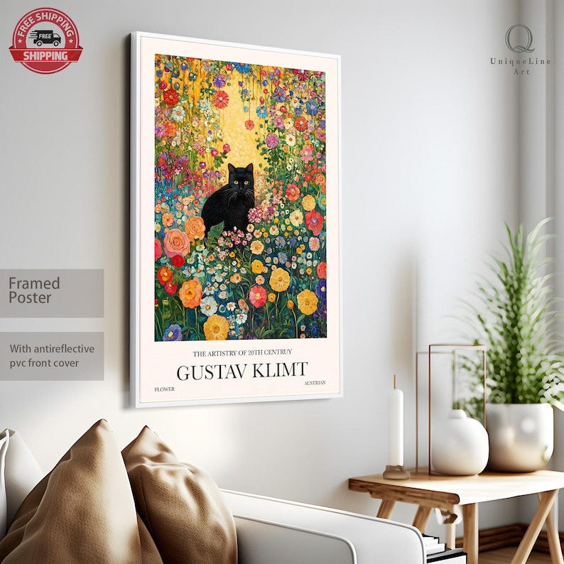 Gustav Klimt Garden Cat Print, Klimt Flowers Cat Poster, Black Cat Art ...