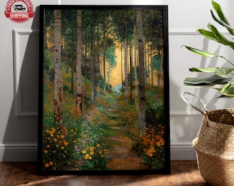 Gustav Klimt Forest Path Canvas, Colorful Floral Trees Wall Art, Golden Autumn Landscape Canvas, Nature Inspired Home Decoration