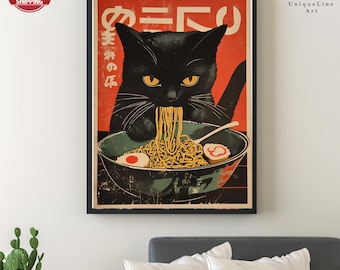 Czarny kot jedzący makaron, wydruk artystyczny Ramen Japan, japońska dekoracja ścienna, neutralny minimalistyczny plakat, estetyczna sztuka ścienna, wyjątkowy prezent dla miłośnika kotów