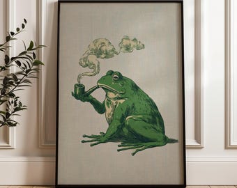 Frog Smoking a Cigarette Vintage Poster Art Retro Whimsical Print Funny Animal Wall Decor Poster for Bar Cart Quirky Kitchen Wall Art