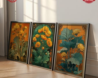 Set of 2 Art Nouveau Botanical Wall Art, Vintage Floral Poster, Golden Flower Illustration, Nature Inspired Print, Elegant Home Decor