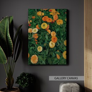 K&ouml;nnte beinhalten: Ein Gem&auml;lde, das ein Feld mit orangefarbenen und gelben Blumen mit gr&uuml;nen Bl&auml;ttern zeigt. Die Blumen stehen in voller Bl&uuml;te und die Bl&auml;tter sind &uuml;ppig und gr&uuml;n. Das Gem&auml;lde ist in einem Stil gehalten, der an den Impressionismus erinnert.