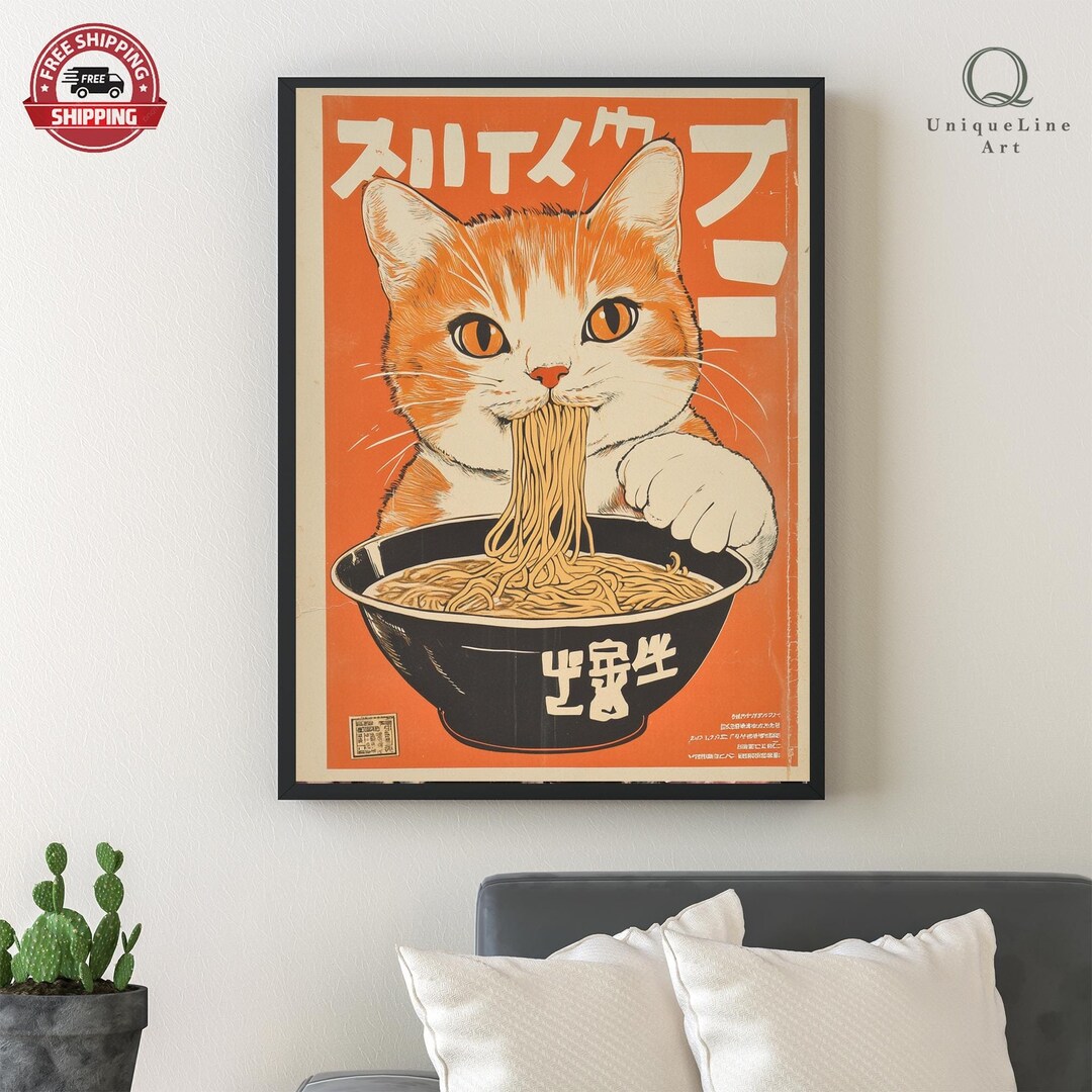 Black Cat Eating Noodles, Ramen Japan Art Print, Japanese Wall Decor ...
