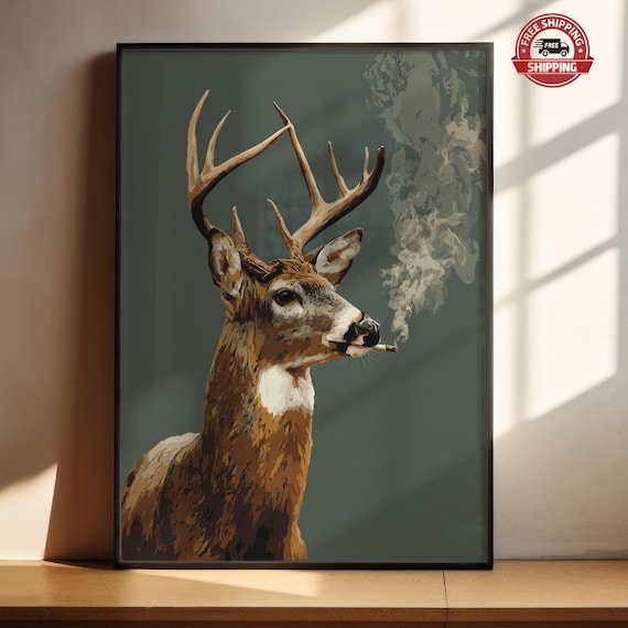 Buck Smoking a Cigarette Vintage Poster: Art Funny Whitetail Deer Retro  Whimsical Print Cabin Wall Decor Outdoor Sports Hunter Illustration
