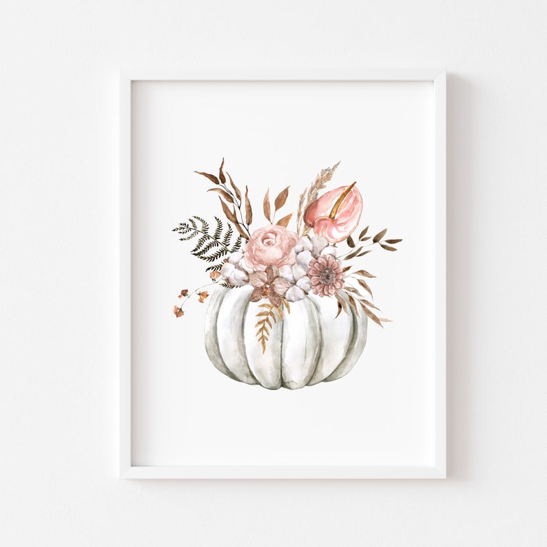 Floral pumpkin, white pink autumn neutral pumpkin, grey decor, personalised prints, seasonal fall wall arthome decor and accessories image 1