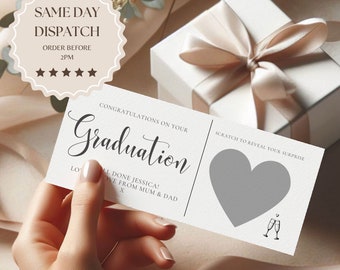 Personalised graduation card, scratch reveal card for a surprise holiday destination, fake pass ticket for graduation gift