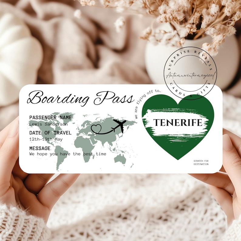 May include: A boarding pass with the text "Boarding Pass" at the top. The pass includes the passenger's name, travel dates, and a message. A green heart shape with the word "TENERIFE" is on the right.