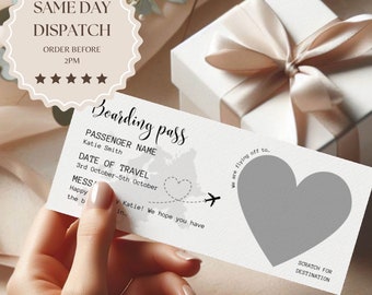 Personalised scratch reveal boarding pass, scratch reveal for a surprise holiday destination, fake pass ticket for birthday gift