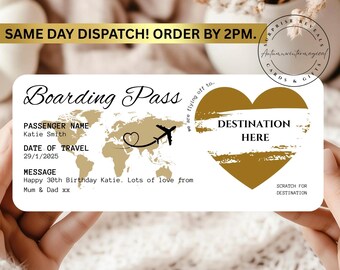 Personalised holiday boarding pass, scratch to reveal surprise, holiday birthday gift, scratch card destination reveal