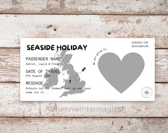 Personalised scratch reveal holiday ticket for kids, family, seaside uk holiday ticket scratch card, fun surprise gift idea